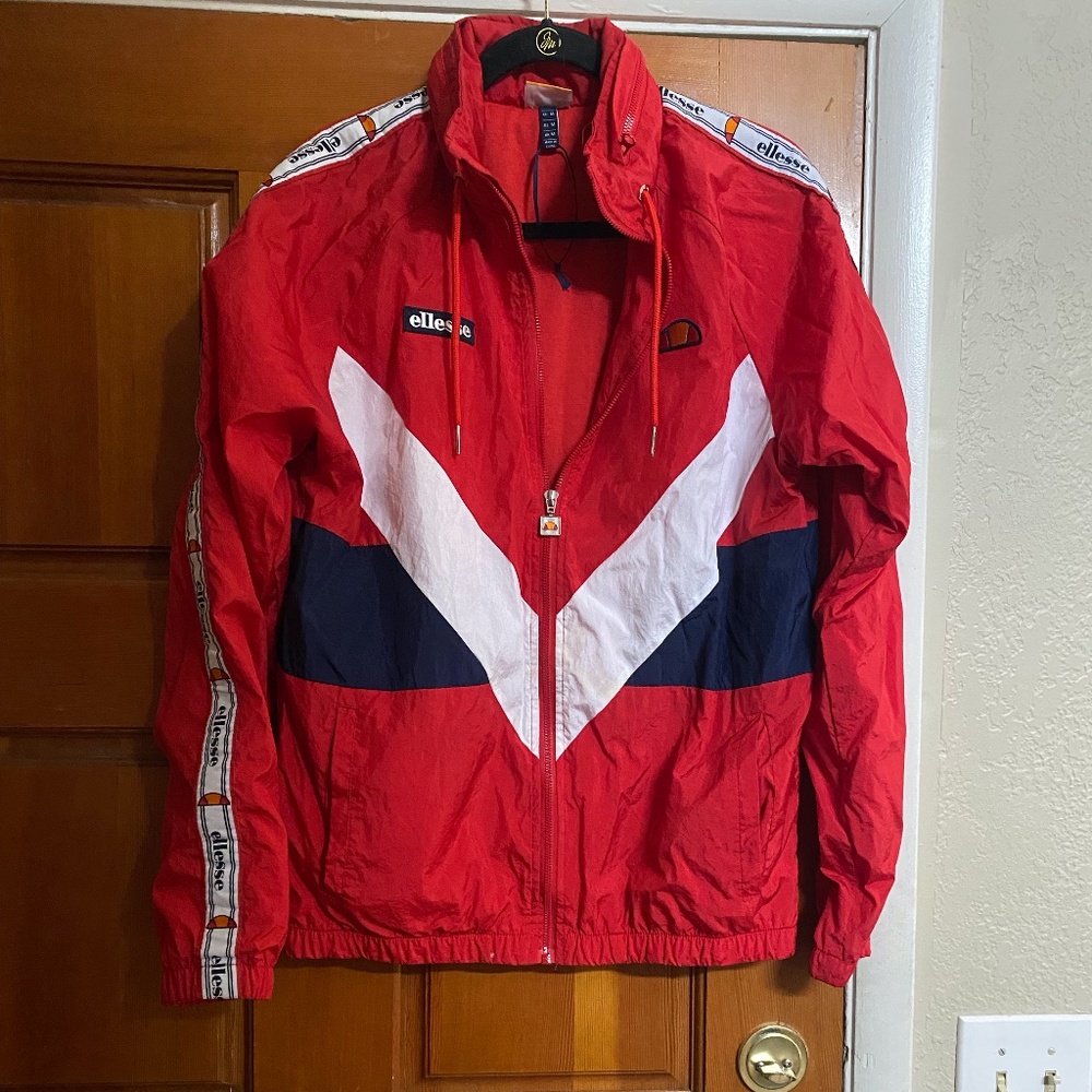 VTG.Retro Ellesse Windbreaker SZ. M/Red Color Block/Full Zip/Hidden Hood